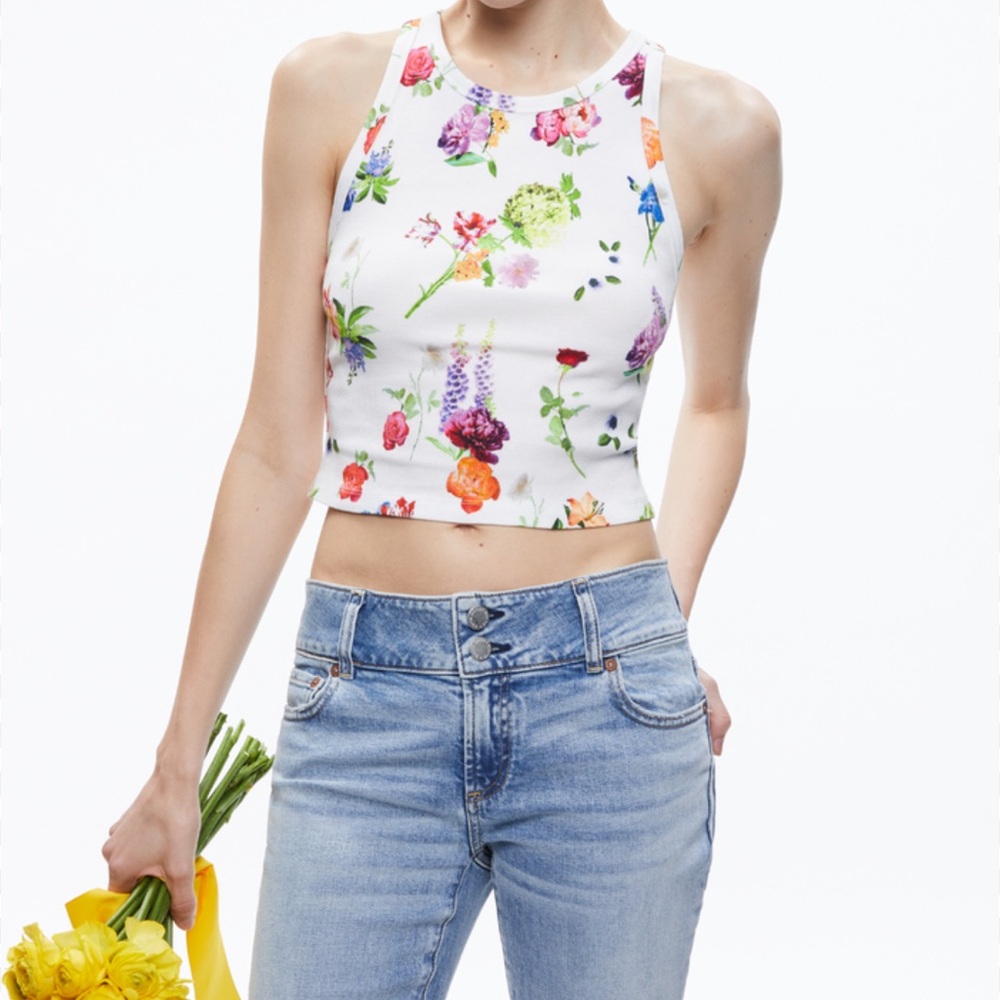 Alice + Olivia White Floral Ribbed Crop Tank with Pastel Blooms